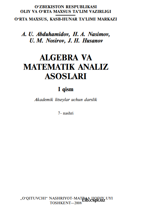 ALGEBRA VA MAÒEMAÒIK ANALIZ ASOSLARI I qism