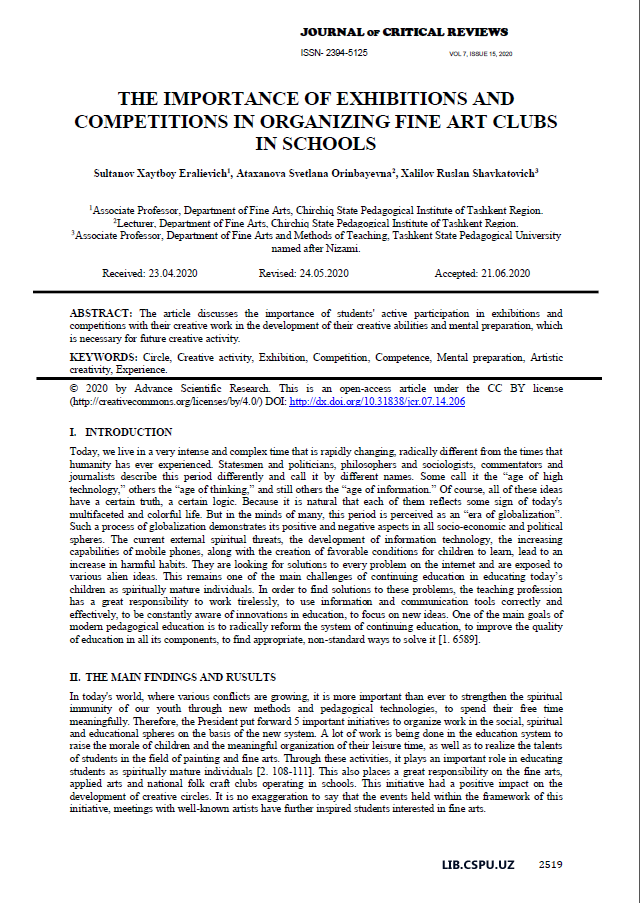 THE IMPORTANCE OF EXHIBITIONS AND COMPETITIONS IN ORGANIZING FINE ART CLUBS IN SCHOOLS