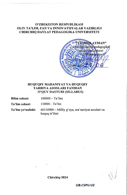 HUQUQIY MADANIYAT VA HUQUQIY TARBIYA ASOSLARI FANIDAN O‘QUV DASTURI (SILLABUS)