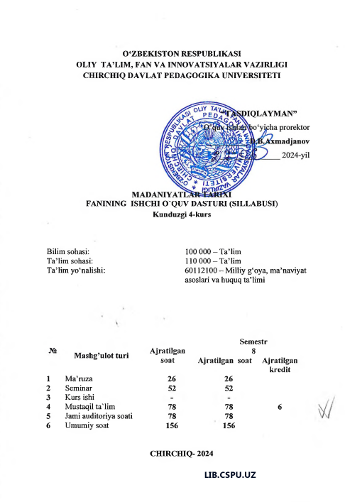 MADANIYATLAR TARIXI FANINING ISHCHI O'QUV DASTURI (SILLABUSI) Kunduzgi 4-kurs