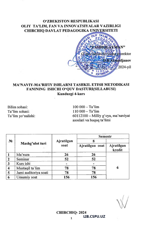 MA’NAVIY-MA’RIFIY ISHLARNI TASHKIL ETISH METODIKASI FANINING ISHCHI O‘QUV DASTURI(SILLABUSI) Kunduzgi 4-kurs